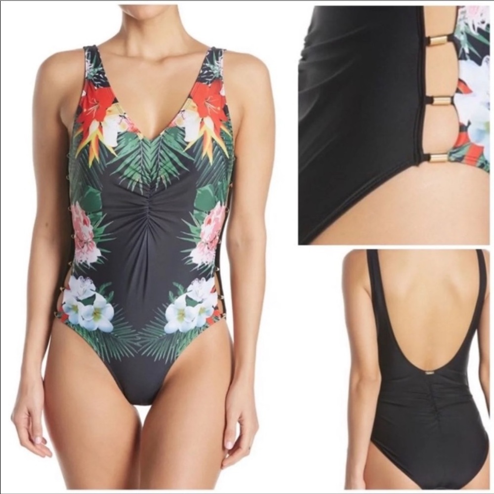 Nicole Miller Black Floral Tropical One-Piece Swimsuit